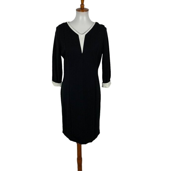 Gyalwana Black V Neck Sheath Dress Contrast Cuffs Midi Length 15 Office Elegant - Picture 1 of 6